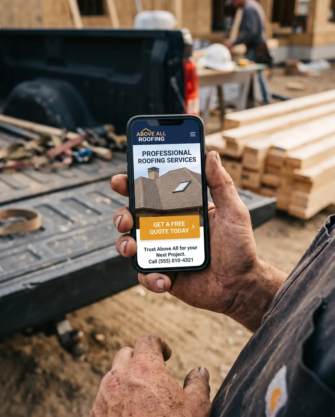 Mano de trabajador sosteniendo un celular con su página web abierta