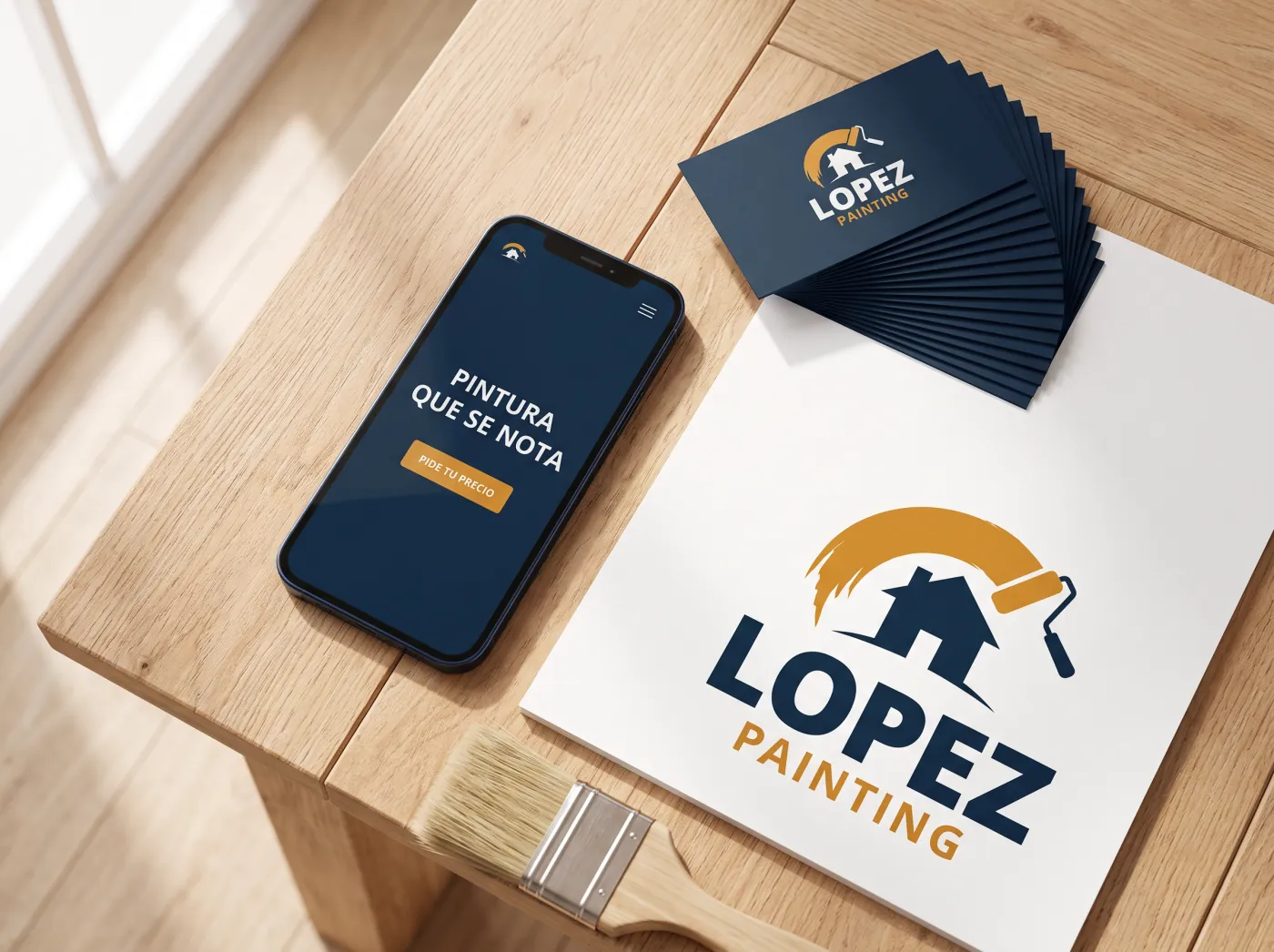 Página web, tarjetas y logo de una empresa de pintura, todo junto