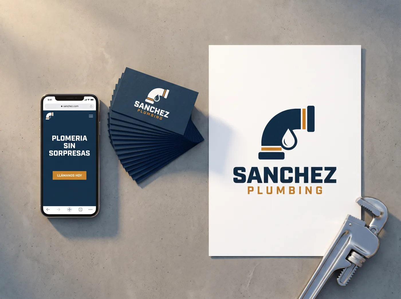 Página web, tarjetas y logo de una empresa de plomería, todo junto