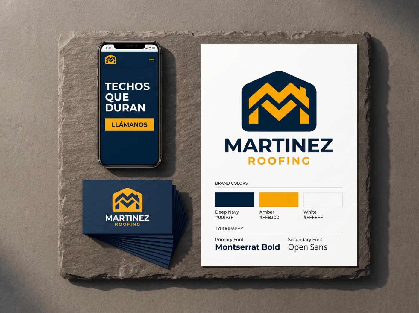 Página web, tarjetas y logo de una empresa de techos, todo junto