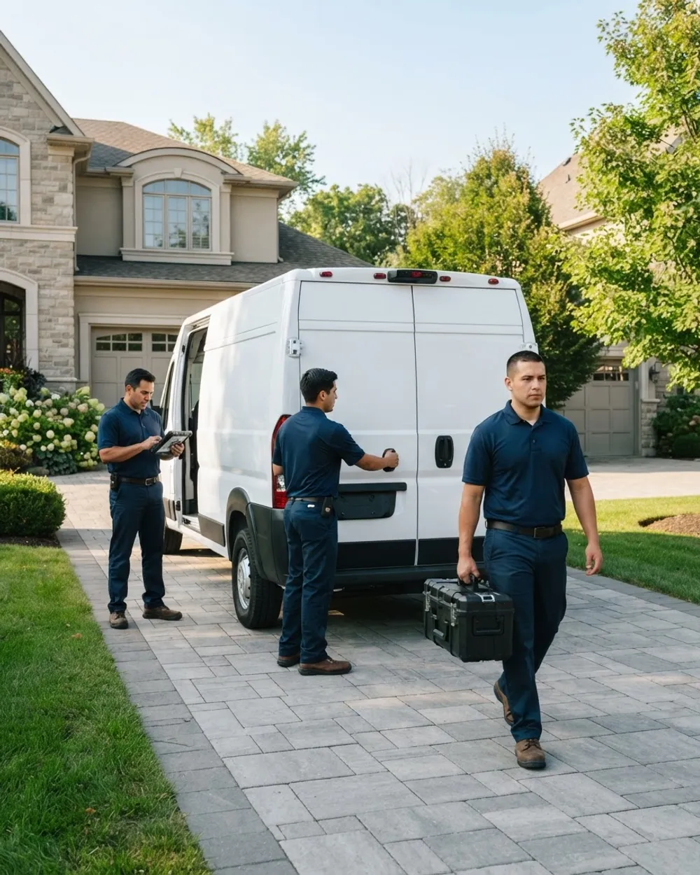 Equipo de tres trabajadores con uniforme igual cargando su camioneta frente a una casa