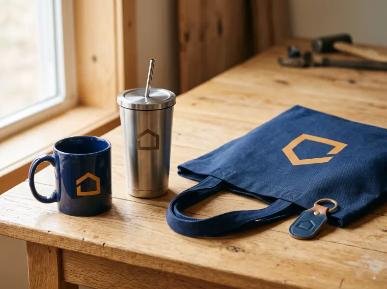 Taza, termo, bolsa de tela y llavero con el logo del negocio