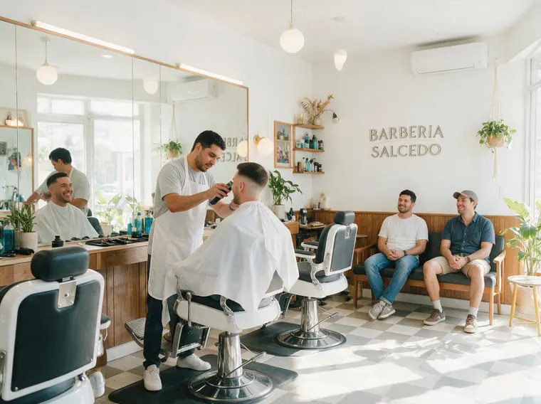 Interior de barbería con sillones nuevos, un barbero cortando el cabello a un cliente y otros esperando conformes