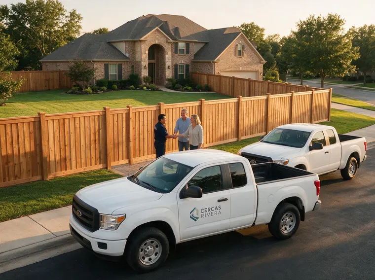 Cerca de madera recién instalada frente a una casa grande, con las camionetas rotuladas de la empresa