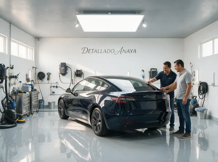 Auto recién detallado y reluciente frente a un local de detallado, con el dueño mostrando el resultado a un cliente satisfecho