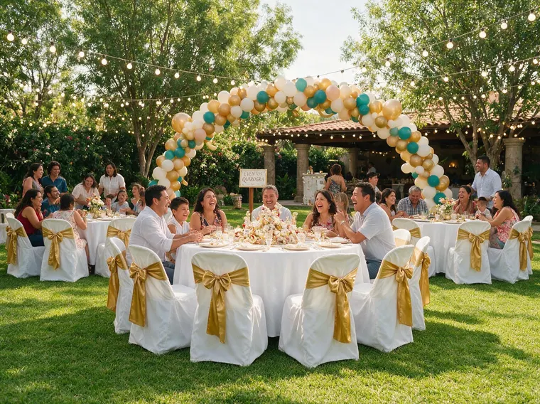 Fiesta montada en un jardín con mesas vestidas, moños dorados en las sillas y arco de globos