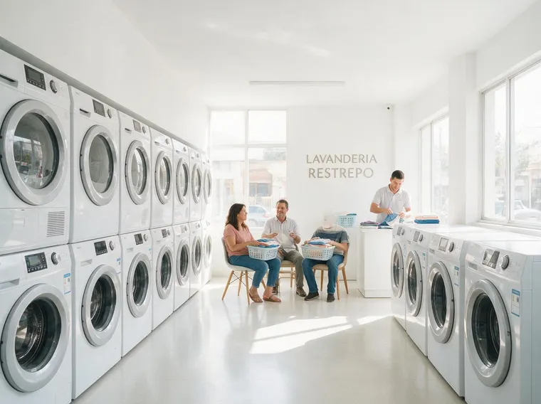 Lavandería amplia y limpia con máquinas nuevas en fila, clientes esperando su ropa y el letrero de la marca