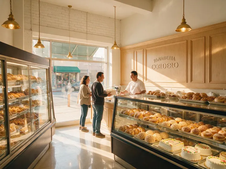 Panadería con las letras del nombre en la pared y vitrinas llenas de pan y pasteles