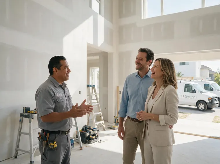 Interior amplio de una casa con la tablaroca terminada, el dueño del negocio conversando con los clientes