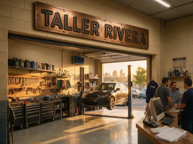 Taller mecánico con el rótulo del nombre sobre la entrada y papelería en el mostrador