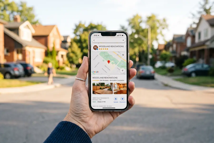 Teléfono mostrando la ficha de Google de un negocio con fotos y reseñas