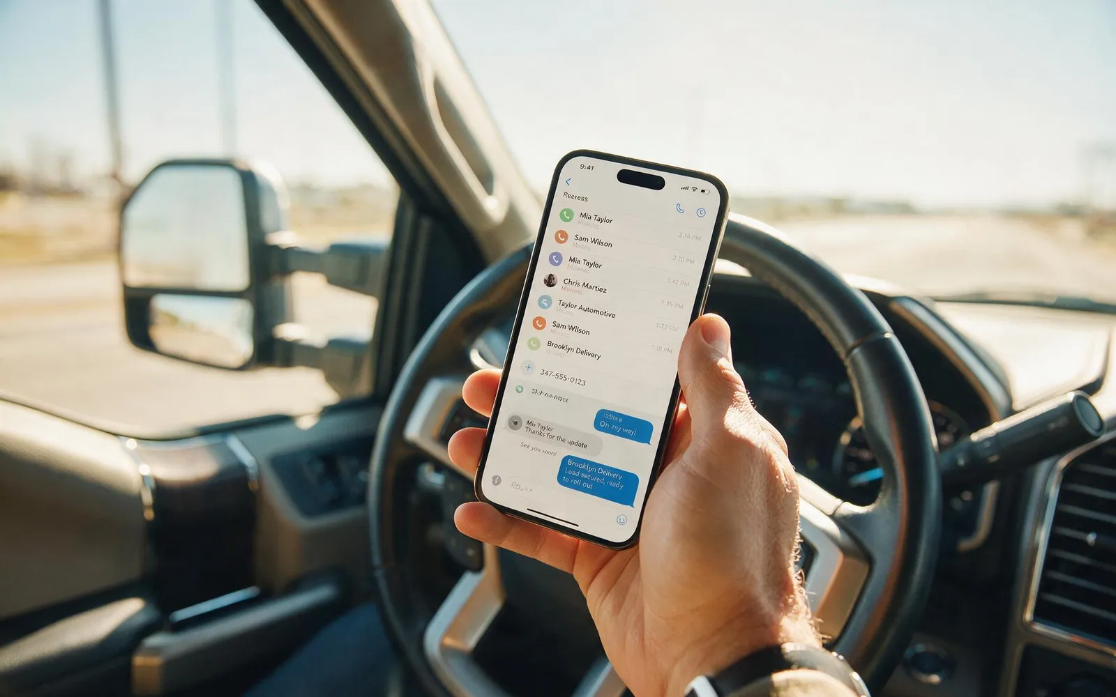 Mano sosteniendo un teléfono con llamadas y mensajes de clientes, dentro de una camioneta